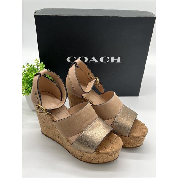 Coach Leather Isla Metallic Wedge Sandal Size 6 MSRP $165 New With Box - Picture 1 of 9